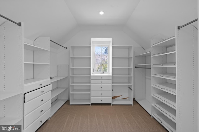 spacious closet with lofted ceiling and carpet floors