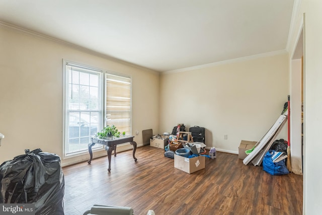 miscellaneous room with crown molding, baseboards, and wood finished floors