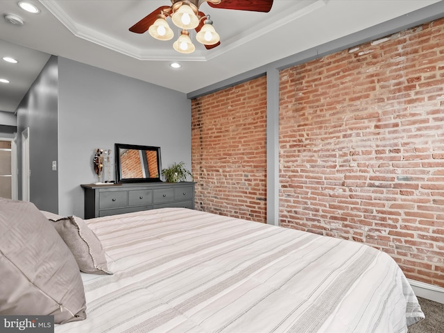 1614 Patapsco St, Baltimore, MD 21230 - bedroom featuring a raised ceiling, recessed lighting, brick wall, carpet flooring, and ceiling fan