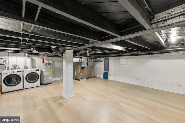 512 Dunlap St, Winchester, VA 22601 - below grade area with water heater, separate washer and dryer, heating unit, wood finished floors, and electric panel