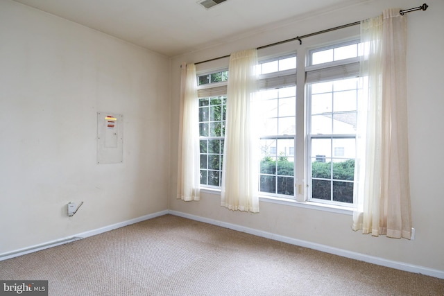 carpeted empty room with visible vents, baseboards, and a healthy amount of sunlight