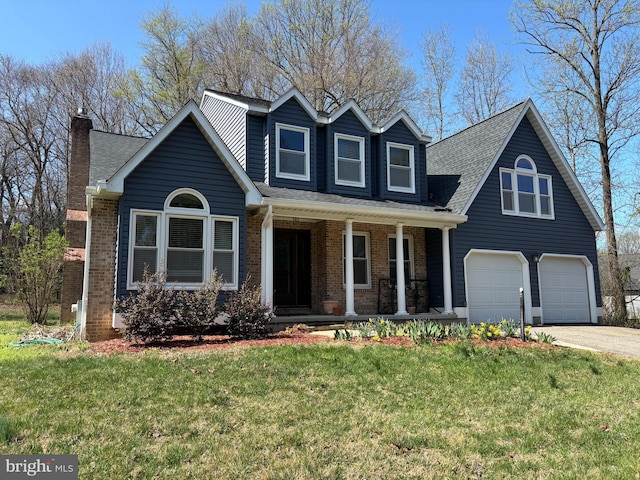 view of front facade featuring driveway, a porch, brick siding, and a garage