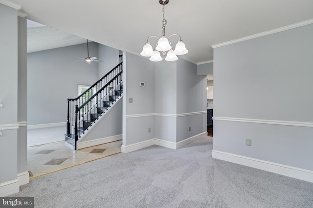 unfurnished room featuring stairs, ceiling fan with notable chandelier, ornamental molding, tile patterned floors, and baseboards
