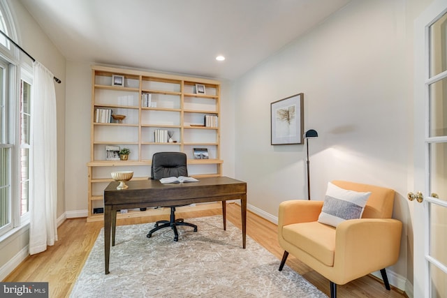 office featuring baseboards, light wood-style floors, and a healthy amount of sunlight