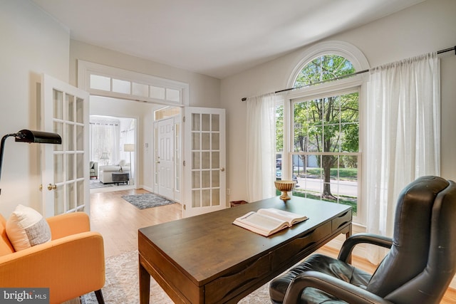 office space featuring french doors and wood finished floors