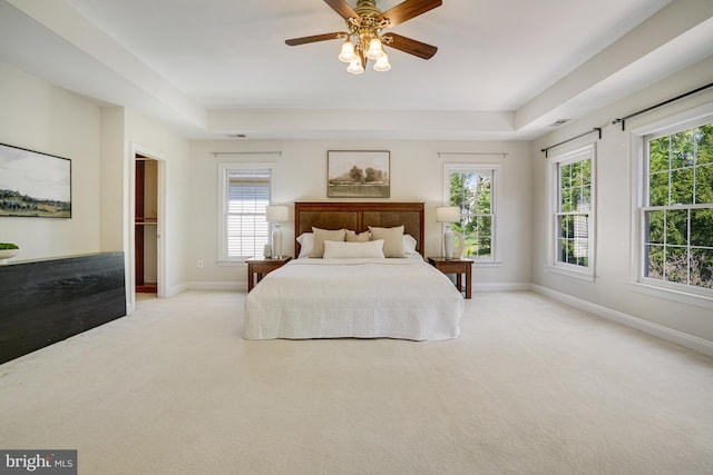 bedroom featuring baseboards, carpet, a raised ceiling, and multiple windows