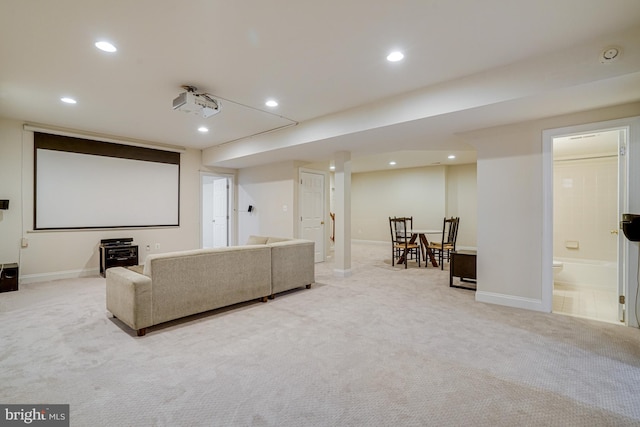 home theater room featuring recessed lighting, carpet, and baseboards
