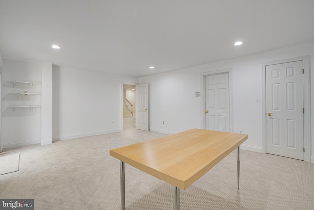 office area with light colored carpet, recessed lighting, and baseboards