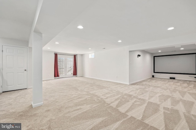 basement with recessed lighting, carpet, and baseboards