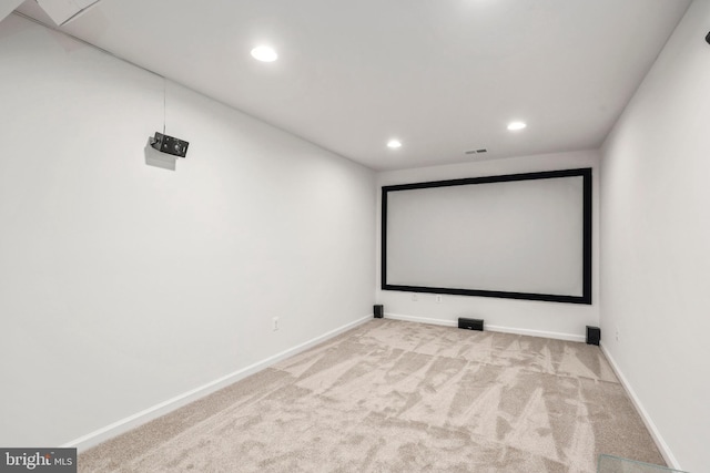 home theater with recessed lighting, carpet, baseboards, and visible vents