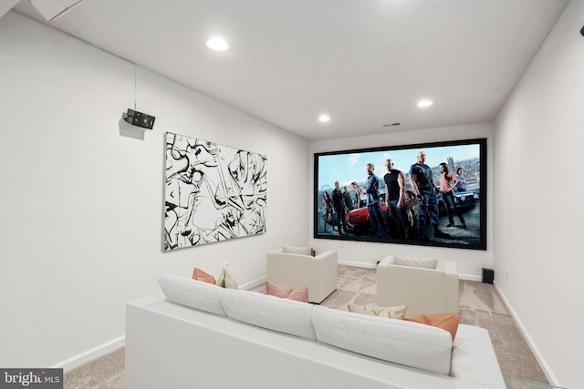 carpeted cinema room with baseboards and recessed lighting