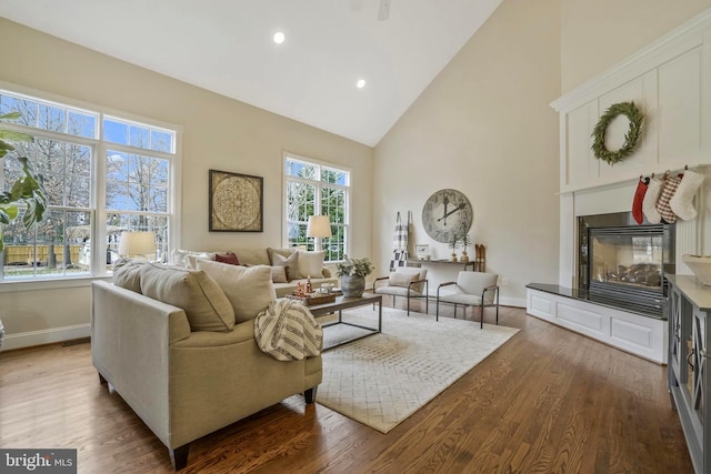 living room featuring high vaulted ceiling, baseboards, and wood finished floors