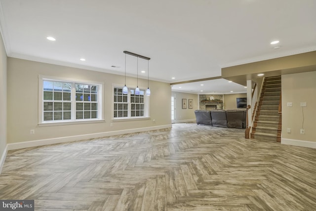 2504 Sherwood Hall Ln, Alexandria, VA 22306 - unfurnished living room featuring stairs, recessed lighting, baseboards, and a large fireplace