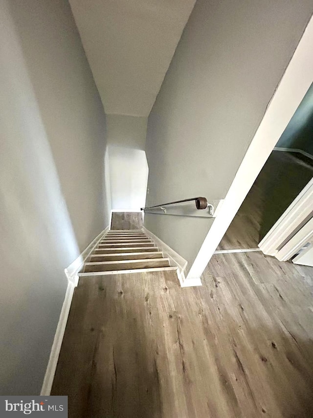 stairway with baseboards and wood finished floors