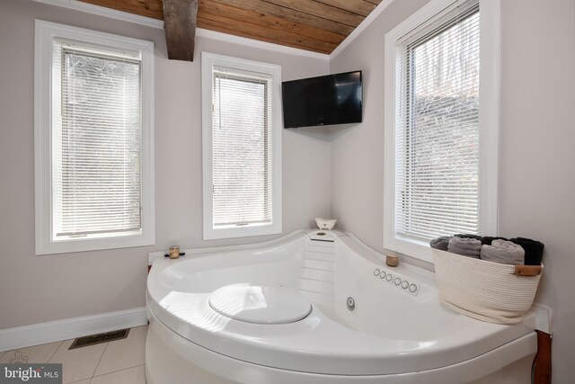 full bathroom featuring a garden tub, visible vents, tile patterned floors, and wood ceiling