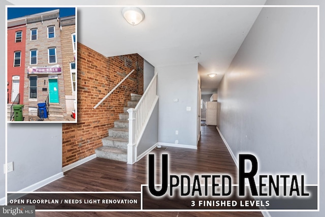 2110 E Hoffman St, Baltimore, MD 21213 - stairs featuring baseboards, brick wall, and wood finished floors