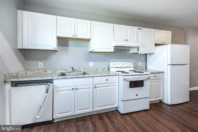2110 E Hoffman St, Baltimore, MD 21213 - kitchen with white appliances, dark wood-type flooring, under cabinet range hood, white cabinetry, and a sink