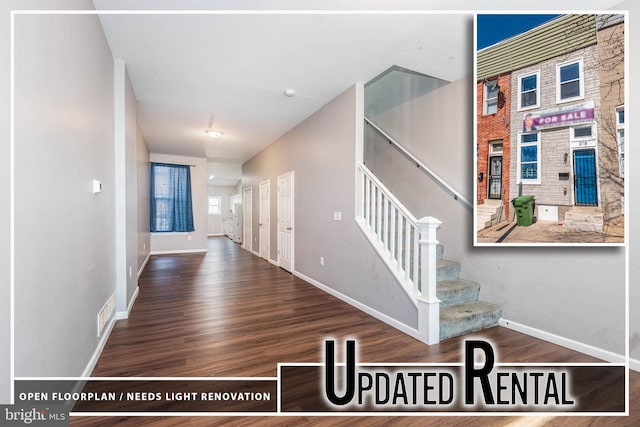 2118 E Hoffman St, Baltimore, MD 21213 - stairs with visible vents, baseboards, and wood finished floors