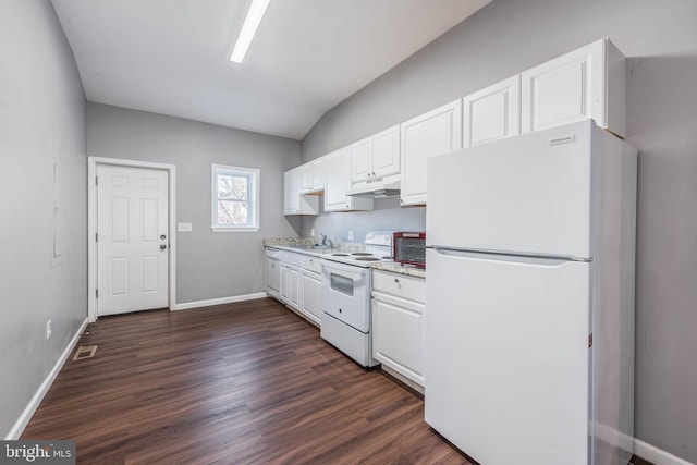 2118 E Hoffman St, Baltimore, MD 21213 - kitchen with white cabinets, visible vents, under cabinet range hood, and white appliances