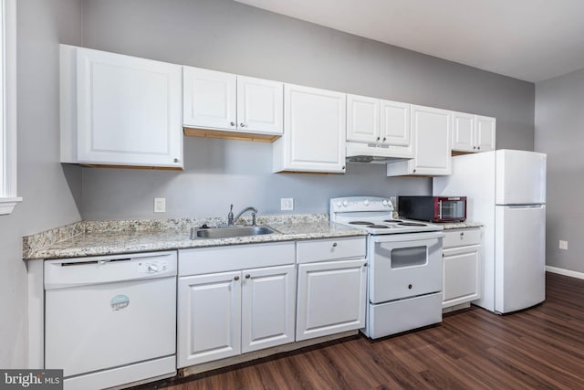 2118 E Hoffman St, Baltimore, MD 21213 - kitchen featuring white cabinetry, a sink, under cabinet range hood, and white appliances