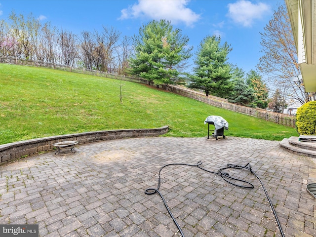view of patio / terrace featuring an outdoor fire pit and a fenced backyard
