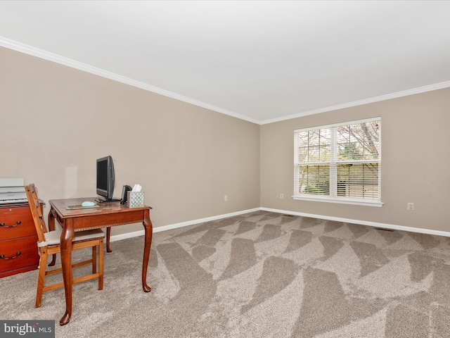 home office featuring ornamental molding, baseboards, and carpet