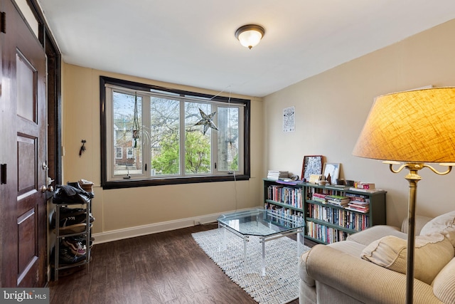 living area featuring baseboards and dark wood-type flooring