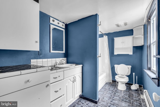 423 Main St, Dorchester, NJ 08316 - full bath featuring toilet, vanity, shower / bath combo, a baseboard radiator, and visible vents