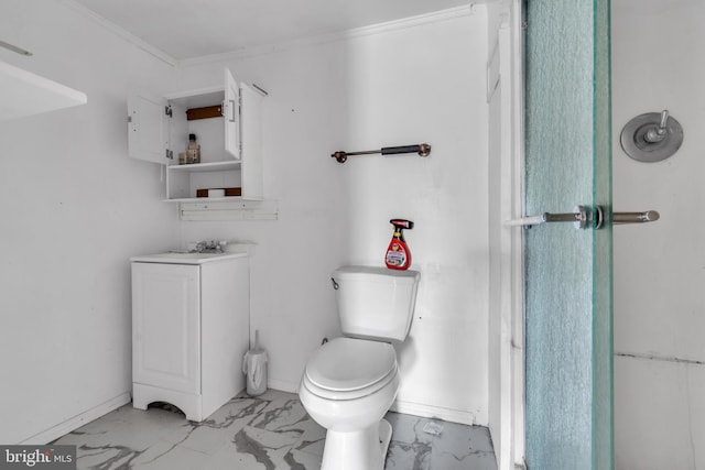 423 Main St, Dorchester, NJ 08316 - bathroom featuring crown molding, baseboards, marble finish floor, toilet, and vanity