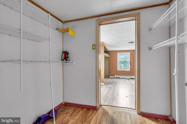 423 Main St, Dorchester, NJ 08316 - spacious closet featuring wood finished floors and a baseboard radiator
