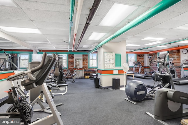 workout area featuring a drop ceiling