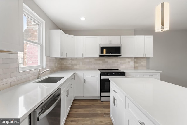 kitchen with a sink, white cabinets, wood finished floors, and appliances with stainless steel finishes