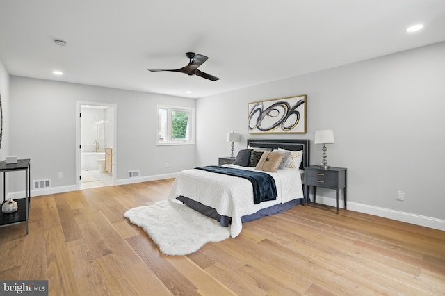 7434 Mason Ln, Falls Church, VA 22042 - bedroom featuring light wood-style floors, baseboards, recessed lighting, ceiling fan, and ensuite bath