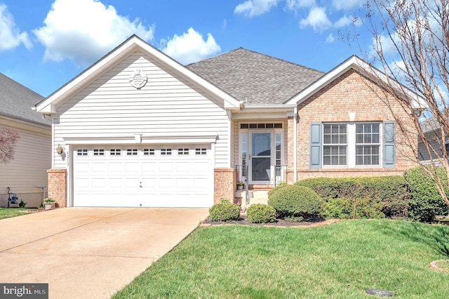 single story home with concrete driveway, brick siding, a front lawn, a shingled roof, and a garage