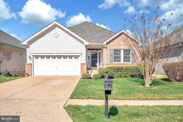 ranch-style home with concrete driveway, brick siding, a front lawn, a shingled roof, and a garage