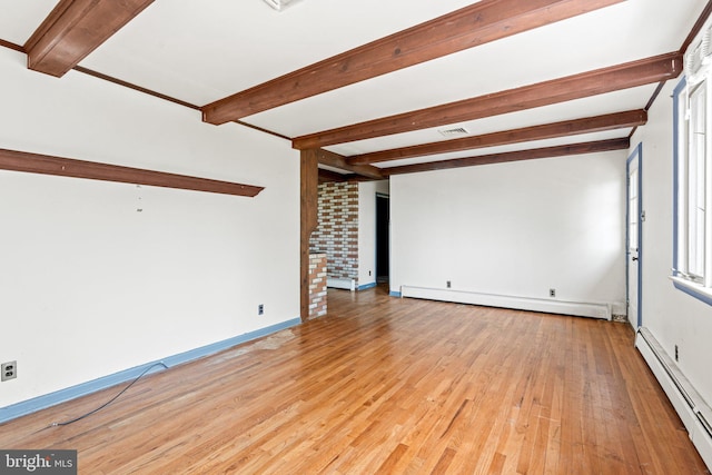 spare room with a baseboard heating unit, beam ceiling, light wood-type flooring, baseboards, and a baseboard radiator