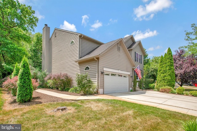 view of property exterior with concrete driveway, a garage, a chimney, and a lawn