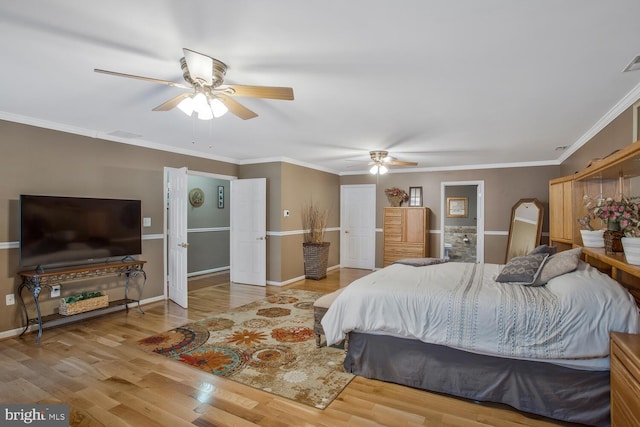bedroom with baseboards, wood finished floors, a ceiling fan, and ornamental molding