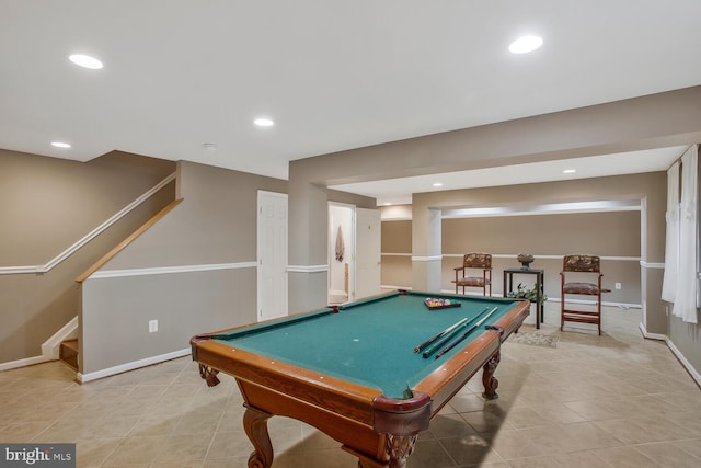 recreation room featuring baseboards, light tile patterned floors, recessed lighting, and billiards