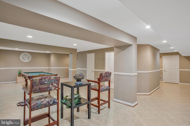 interior space featuring light tile patterned floors, billiards, baseboards, and recessed lighting