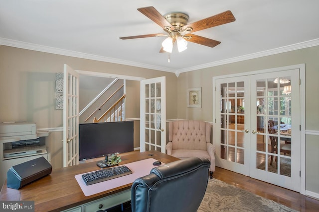 office area featuring ornamental molding, french doors, ceiling fan, and wood finished floors