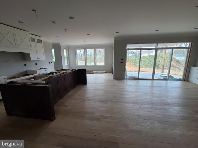 124 Primrose Ct, State College, PA 16801 - kitchen with open floor plan, glass insert cabinets, light wood-type flooring, and white cabinetry