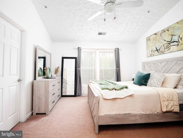 518 Macintosh Cir, Joppa, MD 21085 - bedroom featuring lofted ceiling, a textured ceiling, visible vents, ceiling fan, and light carpet