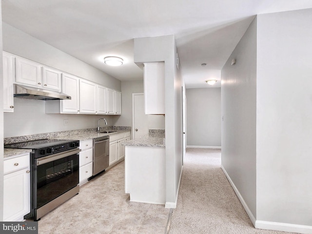 5900 Queenston St Unit 498, Springfield, VA 22152 - kitchen with electric range oven, a sink, under cabinet range hood, white cabinetry, and stainless steel dishwasher