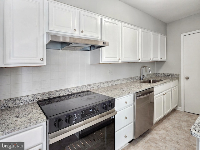 5900 Queenston St Unit 498, Springfield, VA 22152 - kitchen featuring white cabinets, a sink, electric stove, under cabinet range hood, and stainless steel dishwasher