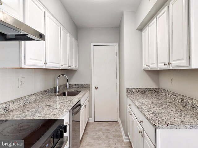 5900 Queenston St Unit 498, Springfield, VA 22152 - kitchen with white cabinets, exhaust hood, dishwasher, a sink, and backsplash