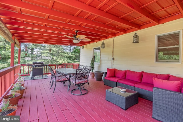 2220 Timothy Dr, Westminster, MD 21157 - wooden terrace with a ceiling fan, an outdoor hangout area, a grill, and outdoor dining space