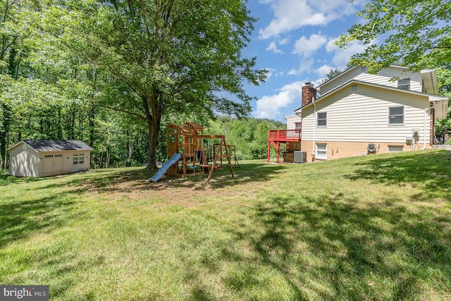 2220 Timothy Dr, Westminster, MD 21157 - view of yard featuring central air condition unit, a shed, an outbuilding, and a playground
