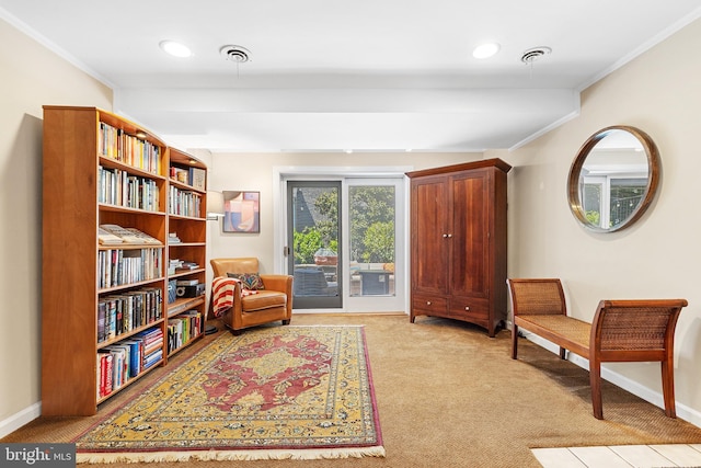 76 Deepdale Rd, Wayne, PA 19087 - sitting room featuring light carpet, crown molding, and recessed lighting
