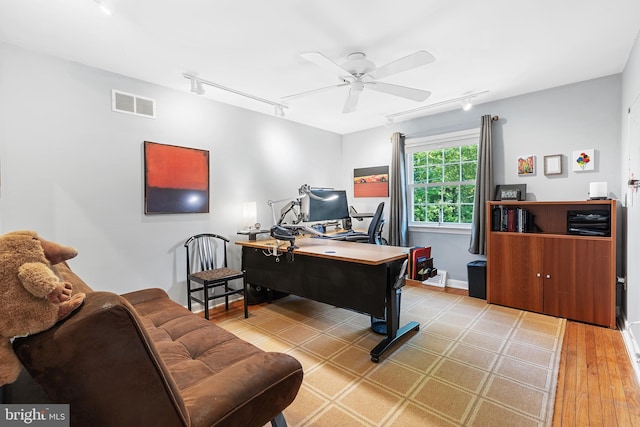 76 Deepdale Rd, Wayne, PA 19087 - office area with rail lighting, a ceiling fan, and light wood finished floors